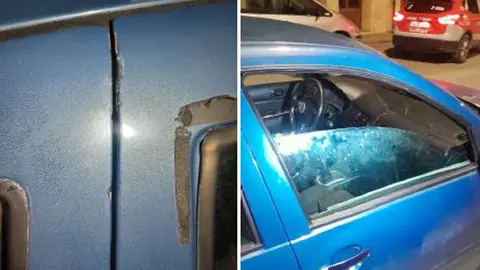 Marcas de la puerta y ventanilla forzadas del veh&iacute;culo robado en Falces