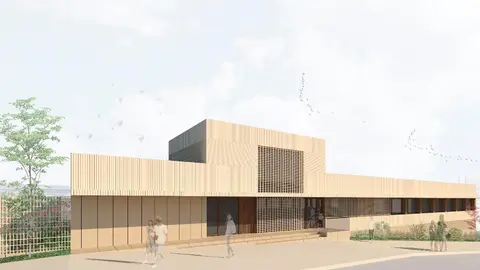 Recreaci&oacute;n de la entrada principal del nuevo centro de salud de Cascante