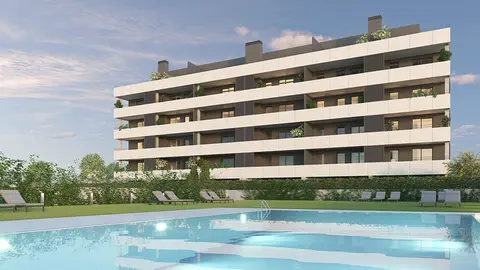 Vista general del bloque completo del Residencial Versalite, ubicado en la atractiva zona del Queiles en Tudela, con urbanizaci&oacute;n privada, piscina y amplias zonas verdes