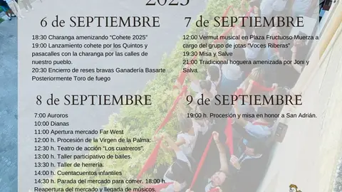 Programa de las Fiestas&nbsp;patronales de San Adri&aacute;n 2025 en honor a la Virgen de la Palma y San Adri&aacute;n