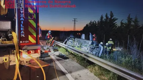 Veh&iacute;culo volcado en el arc&eacute;n tras el accidente.