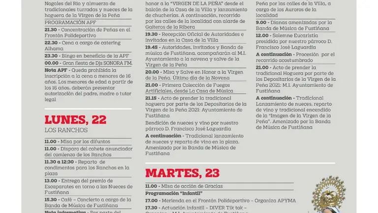 Fiestas en honor a la Virgen de la Pe&ntilde;a 2021 en Fusti&ntilde;ana