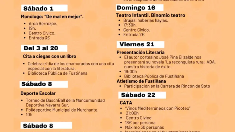 Agenda Cultural Febrero 2025 en Fusti&ntilde;ana