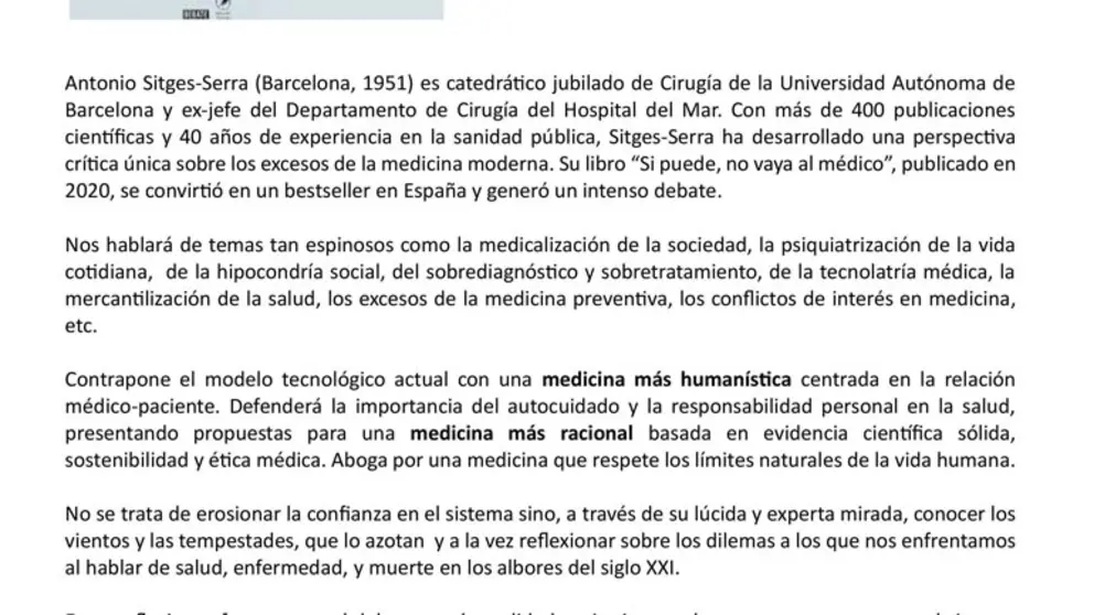 Conferencia en Tudela &lsquo;Si puede, no vaya al m&eacute;dico&rsquo; de Antonio Sitges Serra