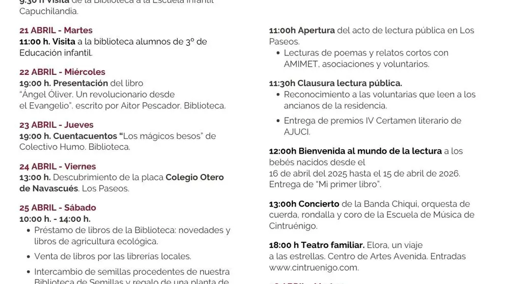 D&iacute;a del Libro en Cintru&eacute;nigo 2026