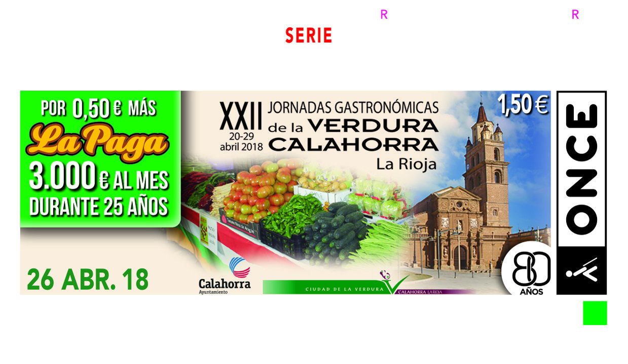 Cupón de la ONCE del 26 de abril dedicado a las Jornadas Gastronómicas de la Verdura de Calahorra.
