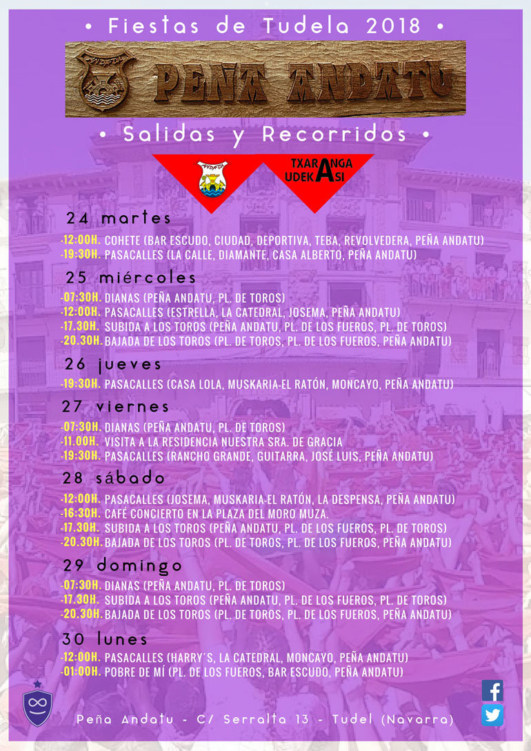 Programa Fiestas de Tudela 2018 de la Peña Andatu salidas y recorridos Txaranga Udekasi