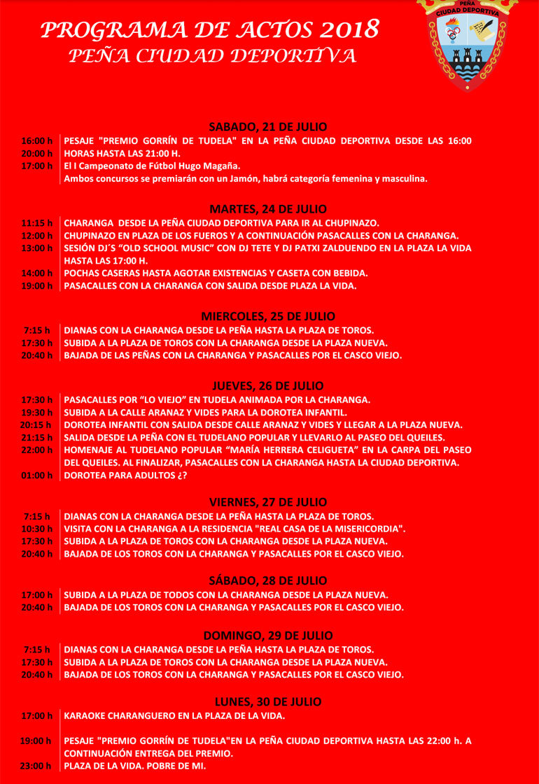 Programa Fiestas de Tudela 2018 de la Peña Ciudad Deportiva