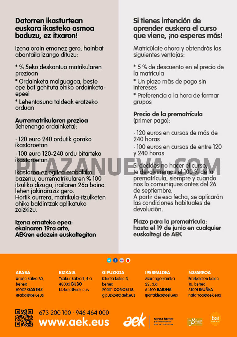 Prematrícula curso de euskera AEK en la Ribera B
