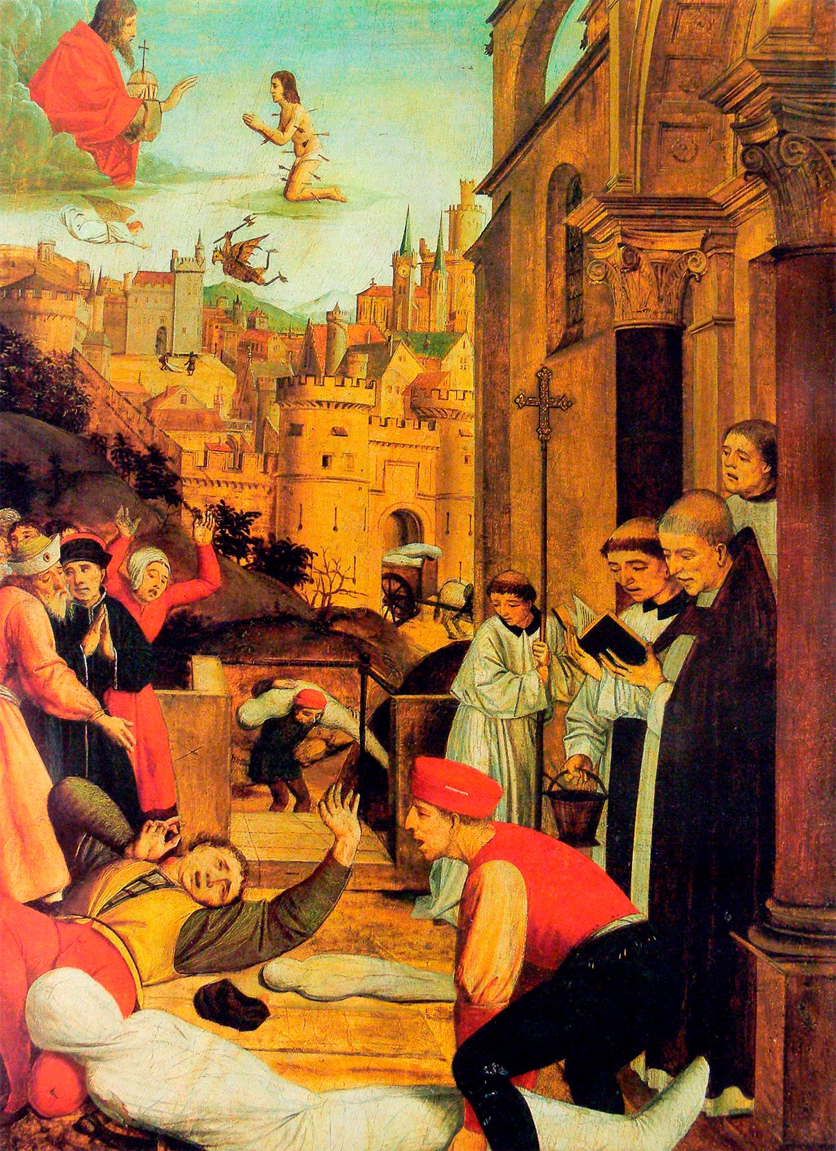 San Sebastián intercede en una epidemia de peste. Autor, Lieferinxe, 1499