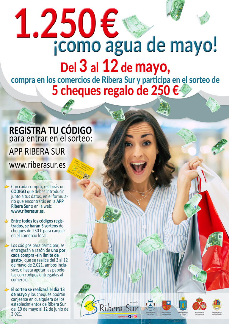 Cartel de la nueva campaña comercial de Ribera Sur ‘1.250€ ¡como agua de mayo!’