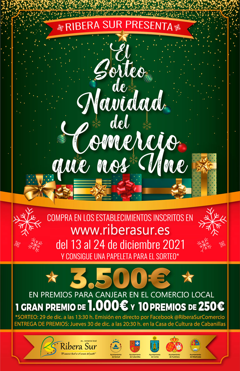 Cartel de la campaña navideña de Ribera Sur El Sorteo de Navidad del Comercio que nos Une