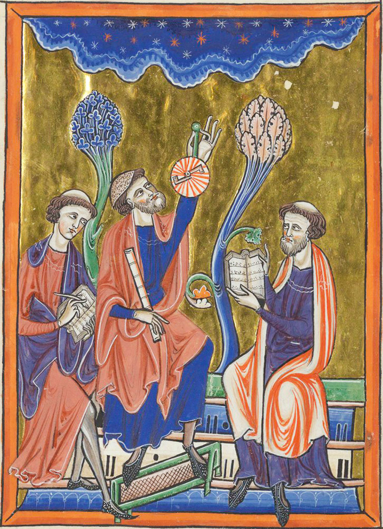La traducción de un libro de astronomía en la presencia de Abraham Ibn Ezra. Desde el Salterio de Blanca de Castilla (Foto Museo Bibliotheque de l’Arsenal, París)