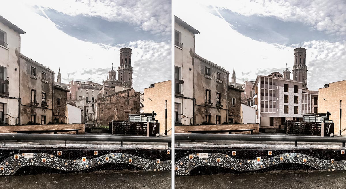 Recreación del proyecto del entorno del Horno Coscolín visto desde la plaza Huerfanicos del Casco Antiguo de Tudela