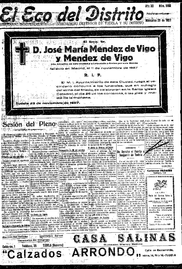 Esquela de José María Méndez Vigo publicada en El Eco del Distrito en 1927