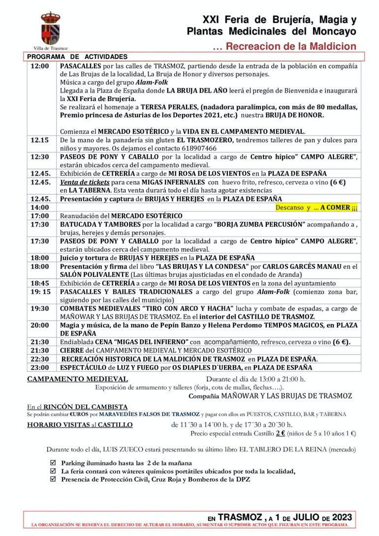 XXI Feria de Brujería, Magia y Plantas Medicinales del Moncayo 2023 en Trasmoz programa