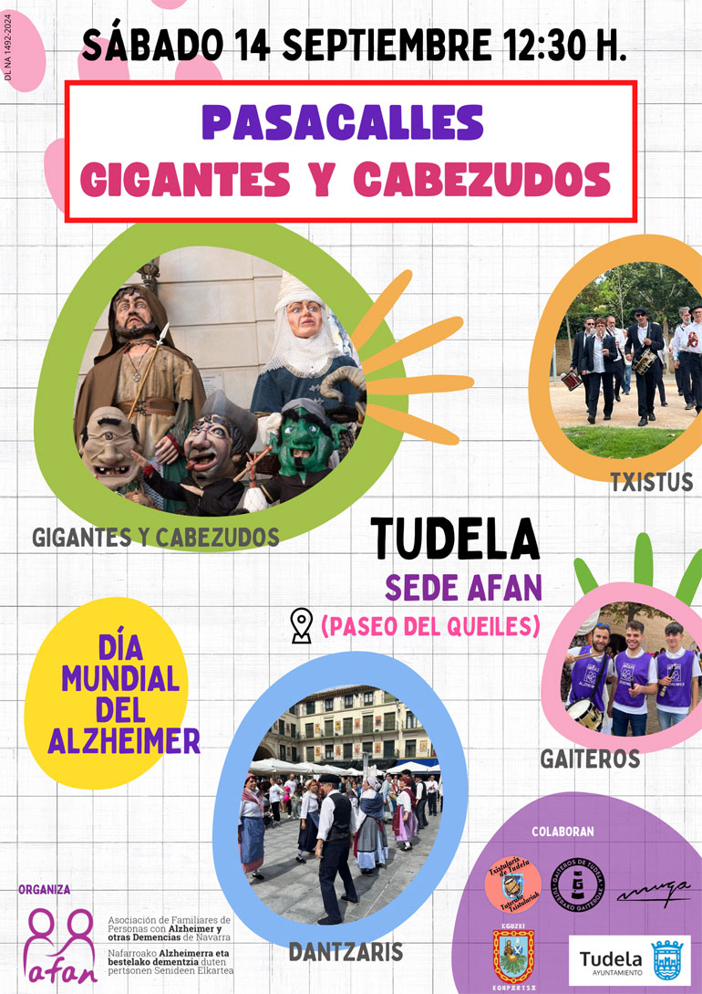 Semana de la enfermedad de Alzheimer 2024 en Tudela y Pamplona Pasacalles Gigantes y Cabezudos Comparsa del Casco Antiguo y Gaiteros de Tudela