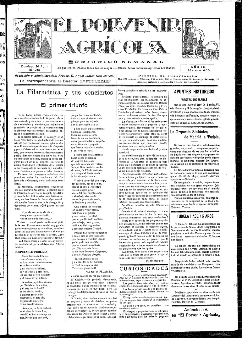 Ejemplar del periódico El Porvenir Agrícola del 26 de abril de 1925 (Archivo Municipal de Tudela)