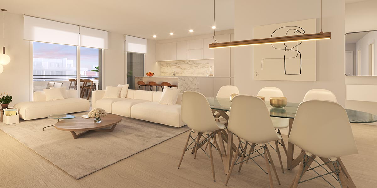 Salón espacioso y confortable, con acceso directo a la terraza y máxima eficiencia energética gracias al suelo radiante y la ventilación inteligente