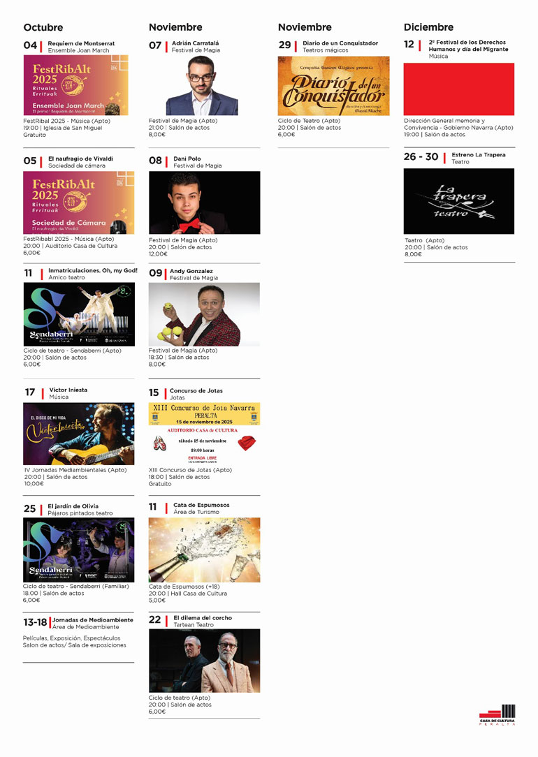 Programación cultural del Auditorio de Peralta octubre diciembre 2025
