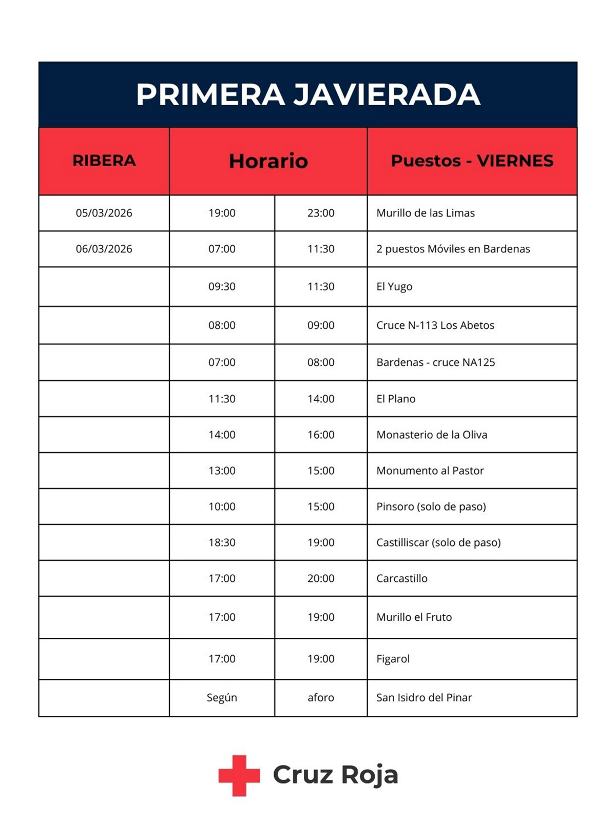 Horarios primera Javierada del 5 al 6