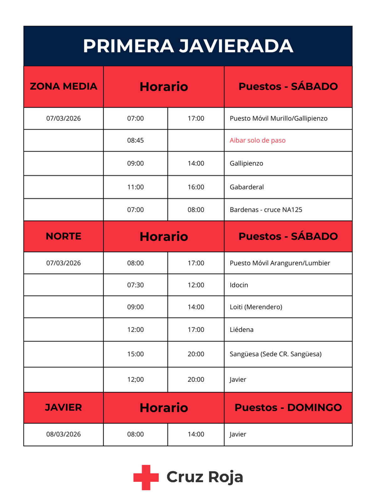 Horarios primera Javierada del 7 al 8